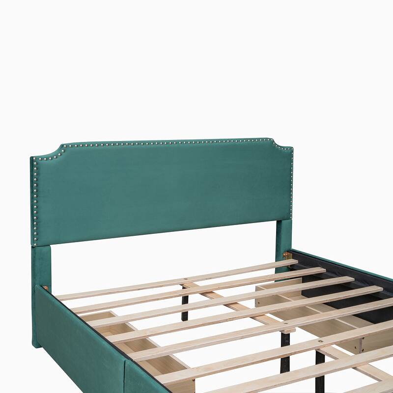 Queen Size Velvet Upholstered Platform Bed with Stud Trim Headboard, Footboard and Drawers