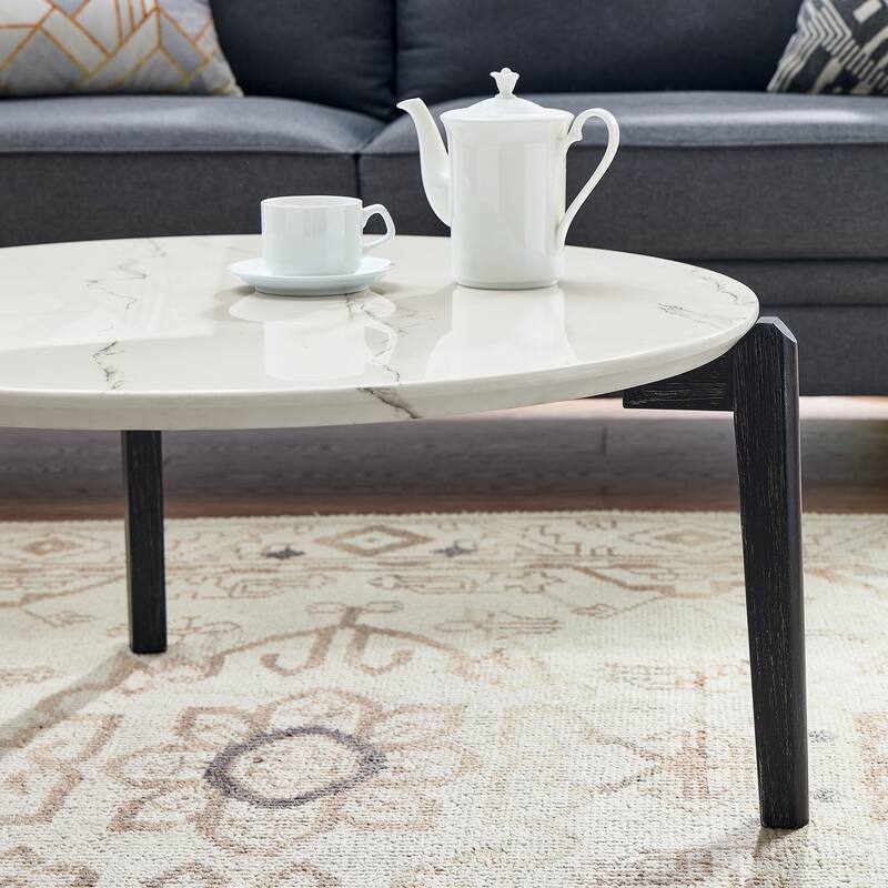 Living Room Coffee Table,36 Inch Round Small Coffee Table,Imitation Marble Tabletop With Rubber Wood Legs,Wooden Coffee Table