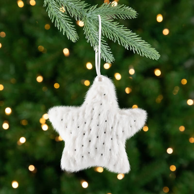 Faux Fur Plush Star Christmas Ornaments - 4.75" - White - Set of 4