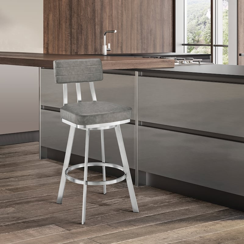 Benjamin Stainless Steel and Faux Leather Swivel Bar or Counter Height Bar Stool