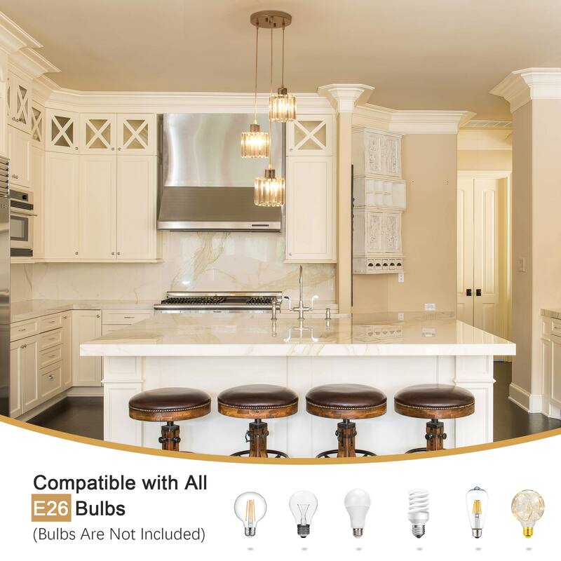 3-Light Modern Metal Hanging Pendant Light Ceiling Light Chandelier with Crystal Cover for Kitchen Island