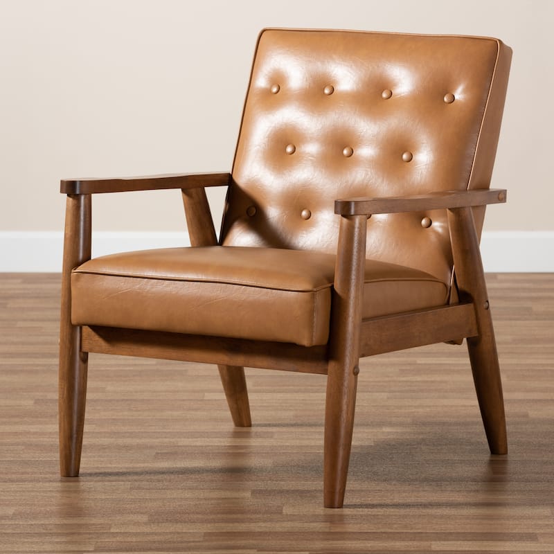 Sorrento Tan Faux Leather and Walnut Brown Finished Wood Lounge Chair
