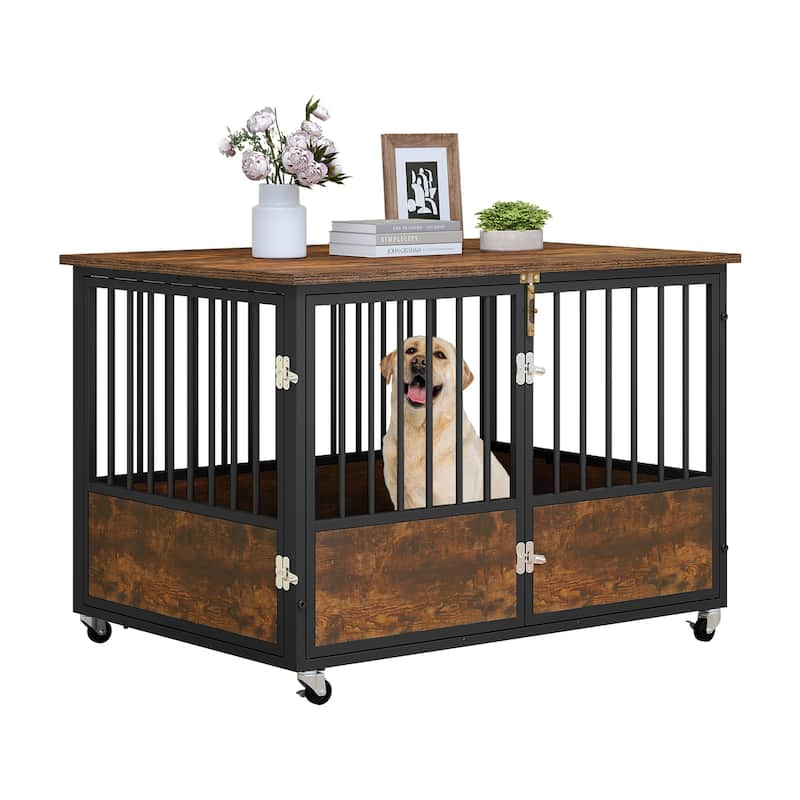 38"/43" Dog Crate Furniture Cage Table with Wheels And Double Doors