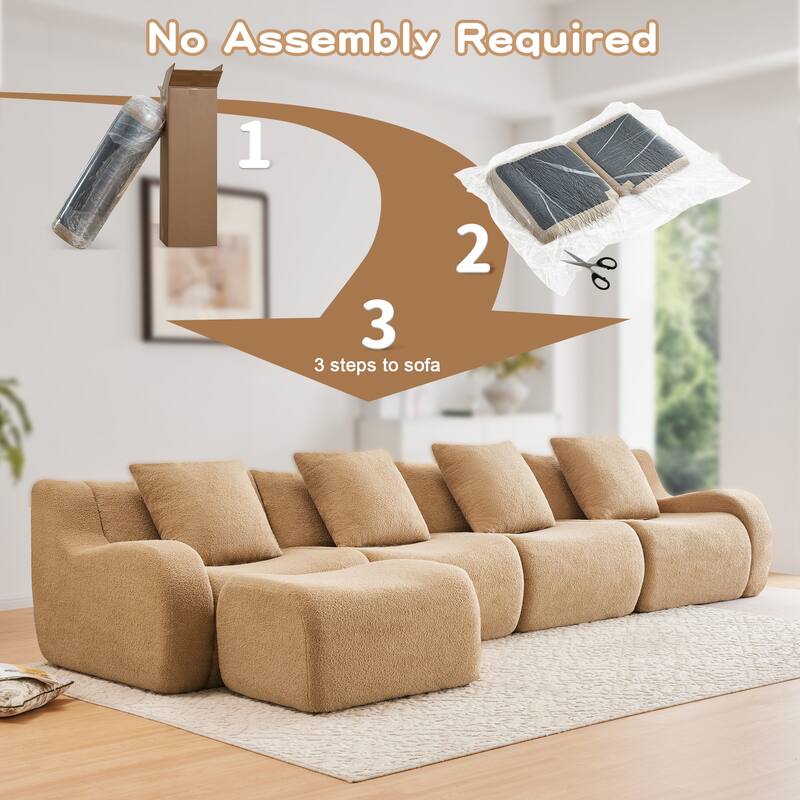 Oversized Sectional Sofa with Ottoman for Living Room, 118" Modern Floor Teddy Fabric Sofa L-Shape Couch with 4 Throw Pillows