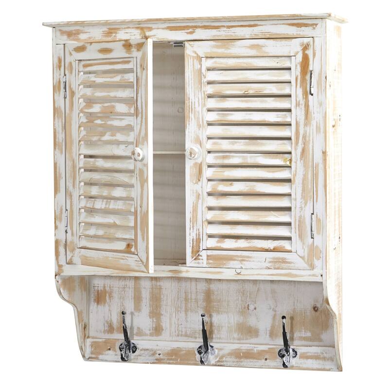 32" White Rectangular Double Door Wall Cabinet with Hooks