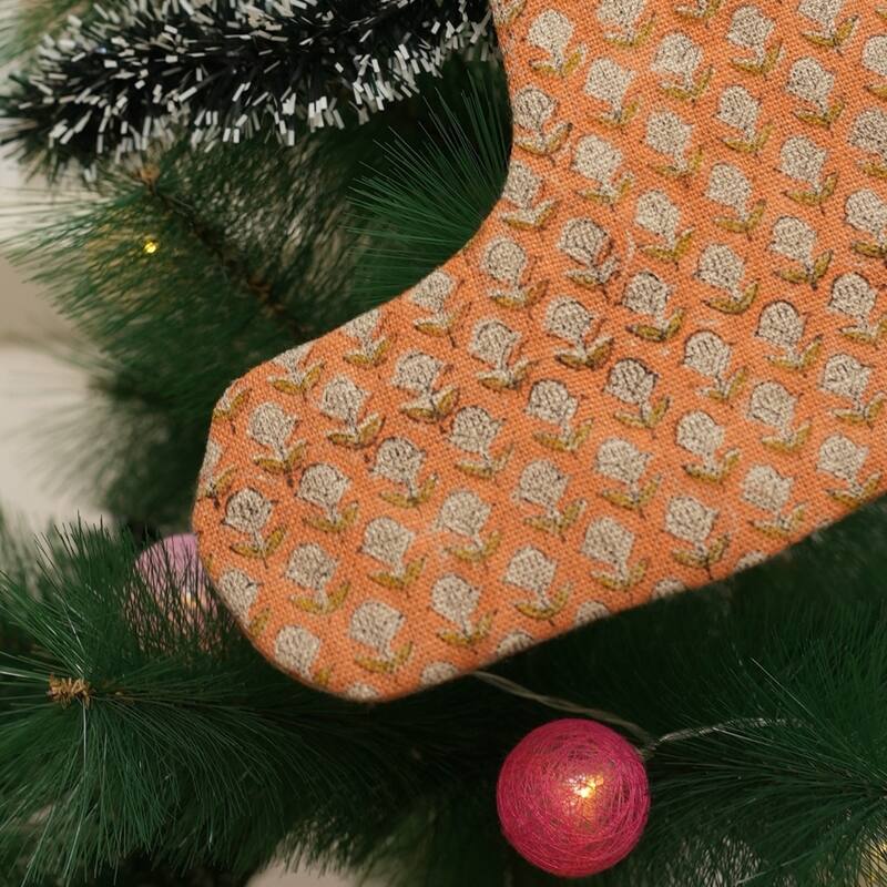Fabdivine Handmade Linen Floral Block Print Christmas Stocking Home Décor Perfect for Gift - 10"X4.5" - Tarangani- Orange