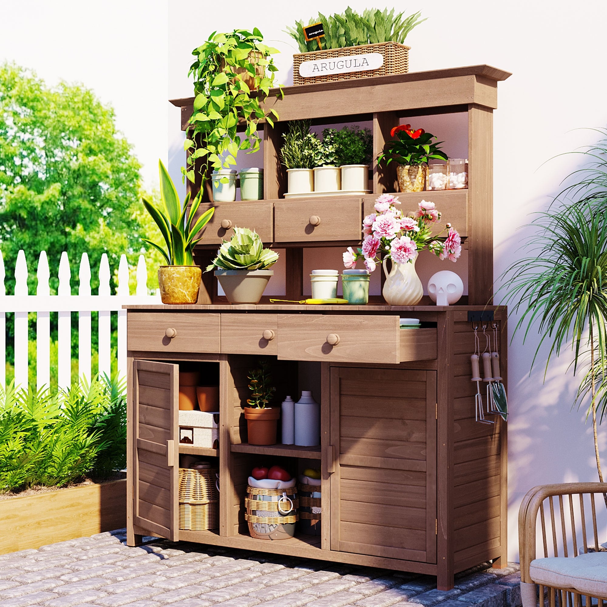 Outdoor Wood Workstation Table, Garden Potting Bench Table with Hutch, Storage Workstation with 2 Bottom Cabinets and Side Hooks