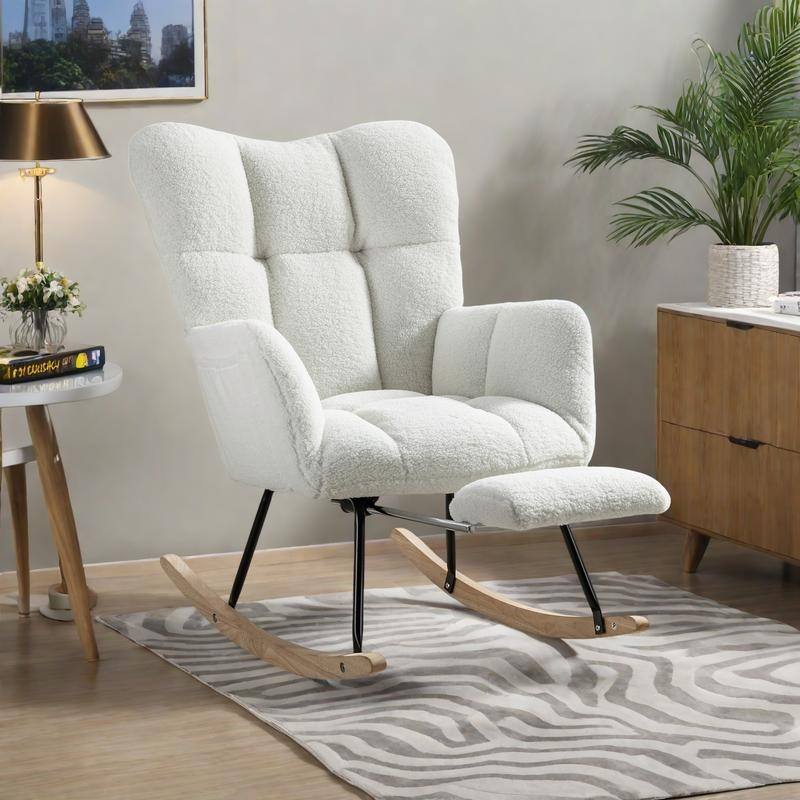 Teddy Fabric Rocking Chair with Adjustable Footrest and 300lb Capacity - Ivory