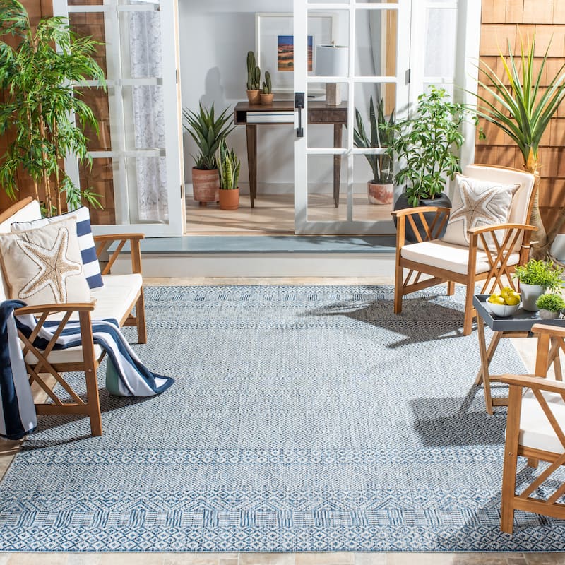 SAFAVIEH Courtyard Leonara Indoor/Outdoor Waterproof Patio Backyard Rug - 10' Square - Grey/Blue