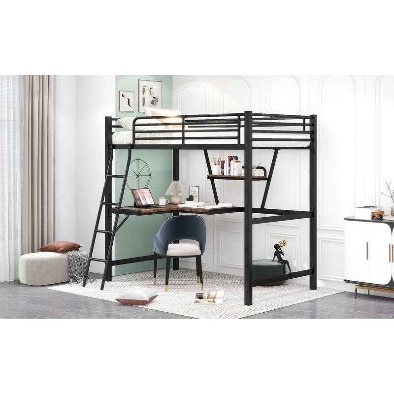 Twin Size Loft Bed with Desk and Shelf, Black