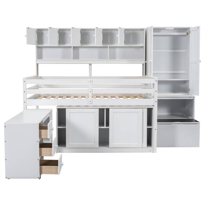 Full Size White Loft Bed with Storage, Desk, Drawers, and Shelves