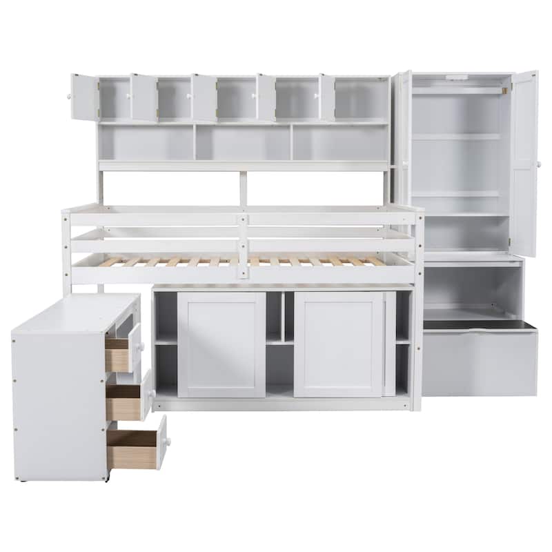 Wooden Loft Bed with Hidden-desk, Wardrobe, Drawers and Shelves