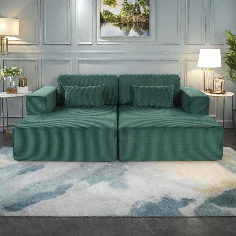 86.6" Corduroy Double Sofa Bed with 2 Pillows and Split Lounger Design