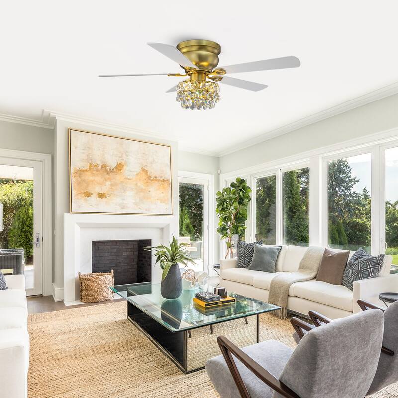 48-inch Modern Brass Crystal Low Profile Chandelier Ceiling Fan with Light and Remote Control - 48"Wx15.1"H