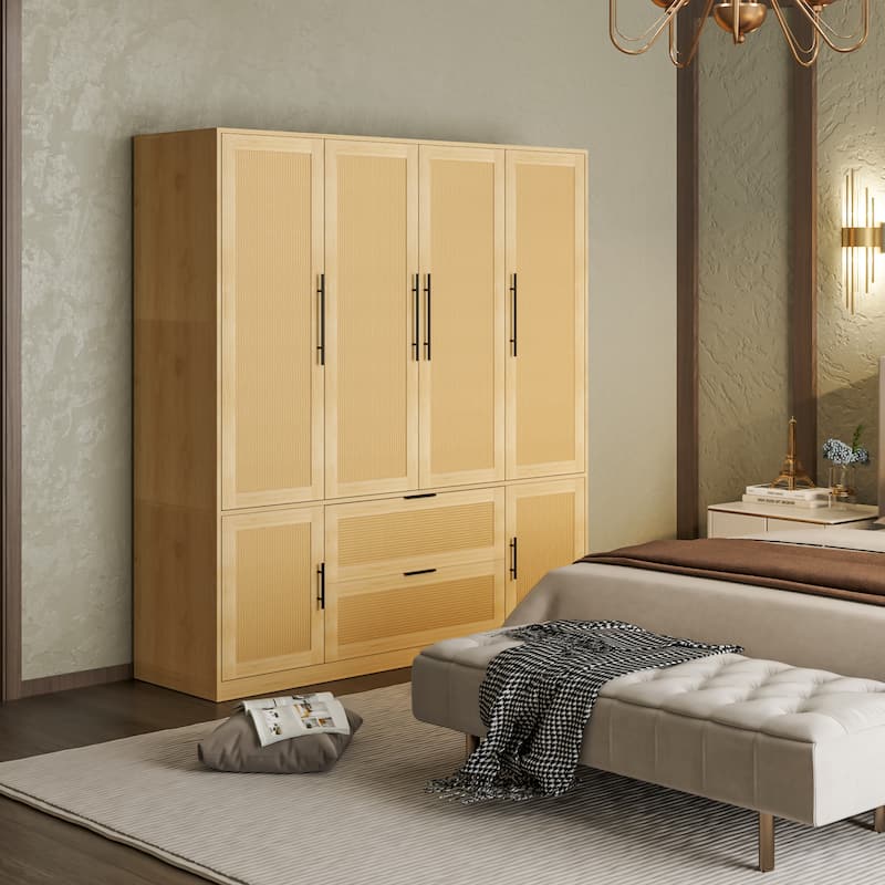 63"W Boho Style Family 6-Door Wardrobe Armoire Closet 2 Drawer Storage - N/A