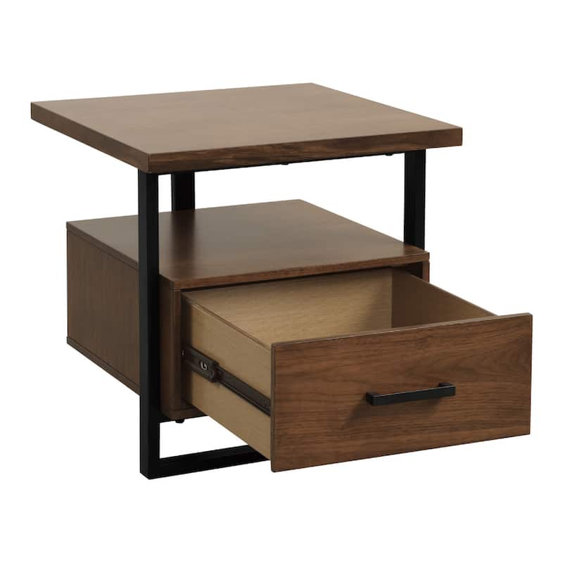 Voz Side End Table, Drawer and Open Shelf, Walnut Brown, Black 22 Inch