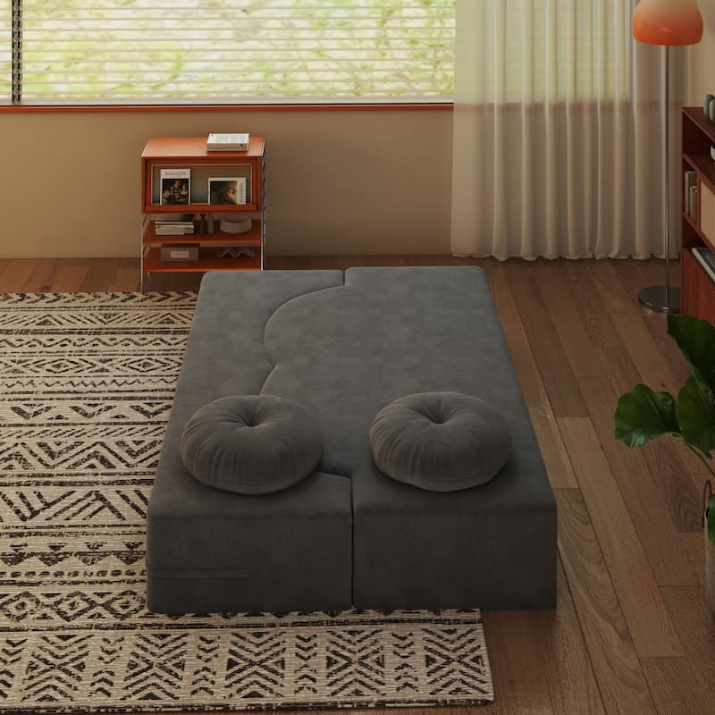 Modern Floor Sofa with 2 Pillows,Convertible Plush Corduroy Foam-Filled Sleeper Sofa Bed