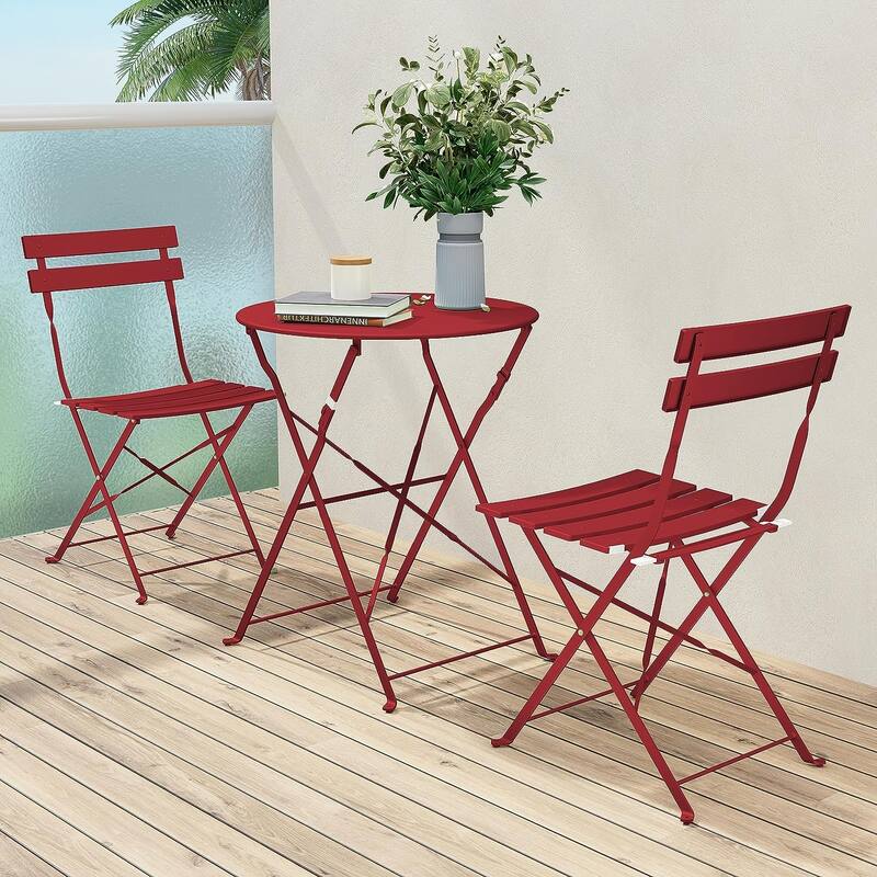 3-Piece Bistro Set Folding Outdoor Furniture Sets with Premium Steel Frame Portable Design for Bistro & Balcony - Red