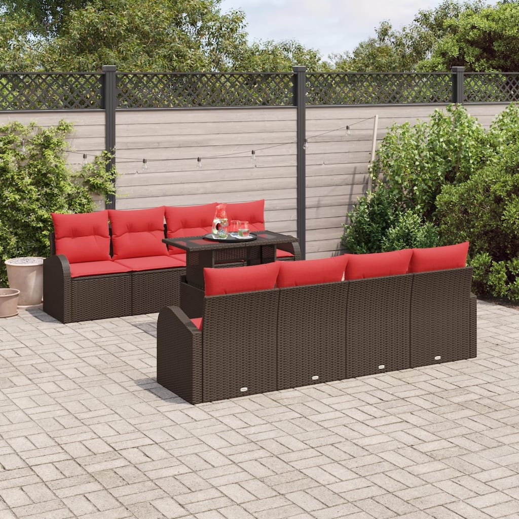 vidaXL 9 Garden Sofa Set with Cushions Black/Brown/Grey Poly Rattan - 92.1 x 24.4 x 27.2