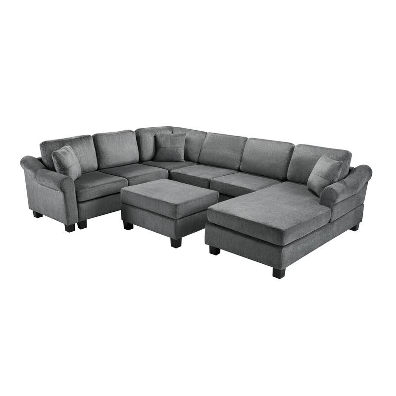 4-piece Sectional Sofa with Movable Storage Ottoman, Dark Gray Chenille for Living Room