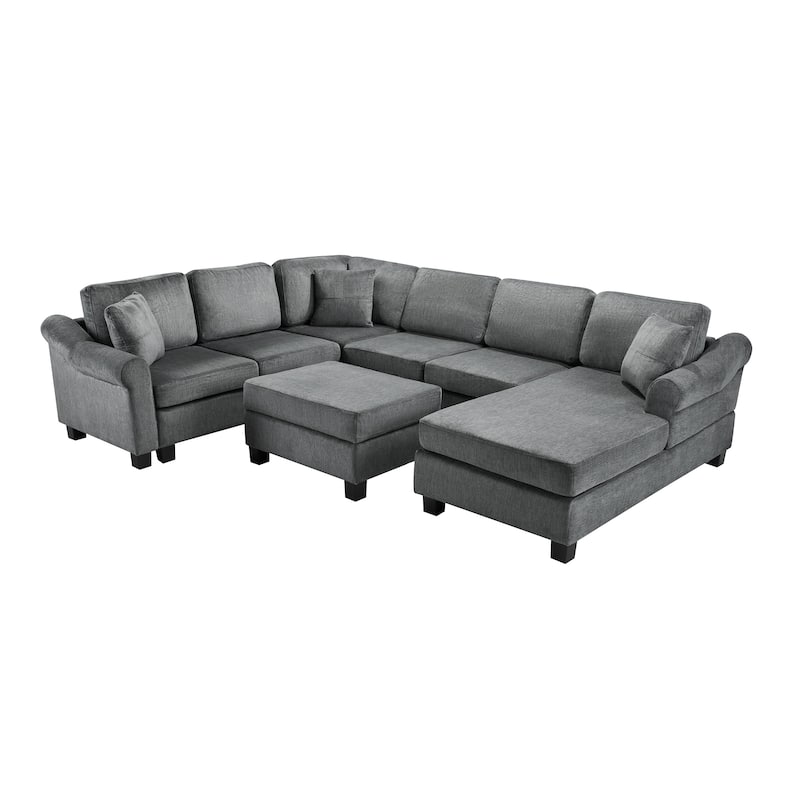 Sectional Sofa 111.8" U-shaped Sofa, Chenille Upholstered Sofa Couch with Movable Storage Ottoman for Living Room