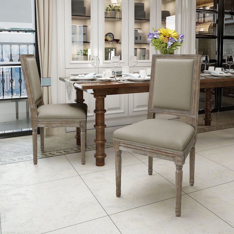 Traditional Style Dining Chairs with Weathered Wood Finish and Fabric Upholstered Seat, for Dining Rooms, Set of 2 - Beige