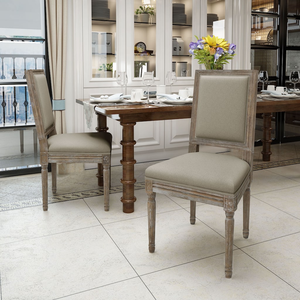 Traditional Style Dining Chairs with Weathered Wood Finish and Fabric Upholstered Seat, for Dining Rooms, Set of 2