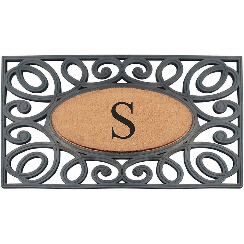 A1HC Rubber and Coir Elegant Circles Monogrammed Double Door Doormat 23"X38" - 23"X38" Black - S