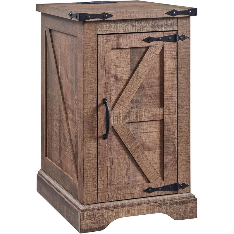 Farmhouse Nightstand with Charging Station, Wood Rectangular End Table