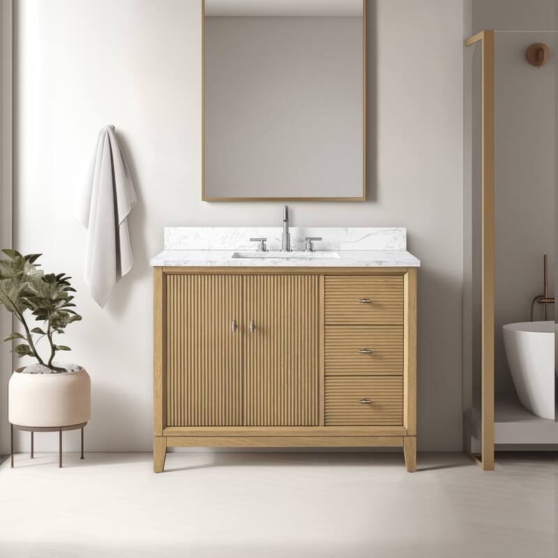 Vanity Art 42" Freestanding Bathroom Vanity with Engineered Marble Top and Sink - 42"/Brushed Nickel - Natural Oak
