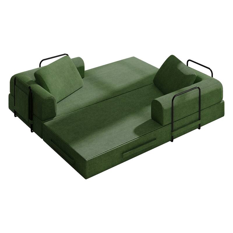 Convertible Sleeper Sofa Bed with Cylindrical Pillow - Corduroy Folding Mattress Couch with Fixed-Shape Frame