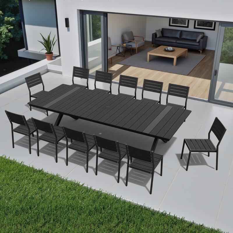 13-Piece Outdoor Dining Set Aluminum Dining Table with Umbrella Hole and Stackable Chairs - Black