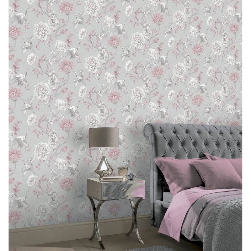 Japanese Floral Crane Grey & Pink Vinyl Wallpaper - 20.8 in. W x 33ft L - Double Roll