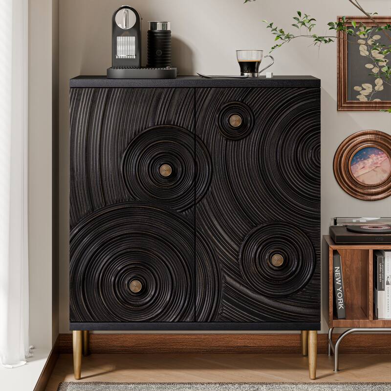 COZAYH Farmhouse 2 Door Embossed Storage Cabinet with Ring Motif, Distressed Boho Storage Buffet Cabinet - Black