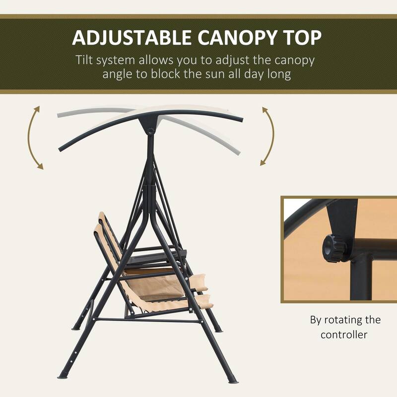 2-Seater Porch Swing with Pivot Table, Cup Holder, Adjustable Canopy