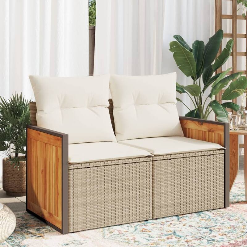 vidaXL Patio Sofa with Cushions Outdoor Seating Loveseat 2-Seater Poly Rattan - 24.4 x 46.5 x 27.2 in - Beige and white with storage