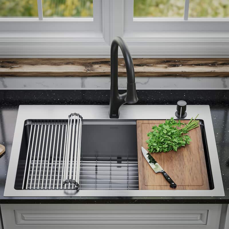 Karran Elite WST-26-PK1 Top Mount 33" Single Bowl Stainless Steel Workstation Kitchen Sink with Right Drain