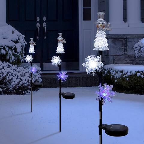 Alpine Corporation 33"H Outdoor Solar Snowman and Snowflakes Garden Stake with LED Lights