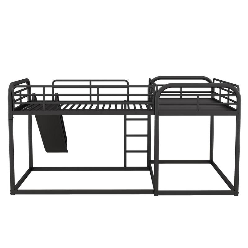 Full & Twin Size Low Bunk Beds for 4, Modern L-Shaped Metal Bunk Bed Frame with Slide, Short Ladder and Full Length Guardrails