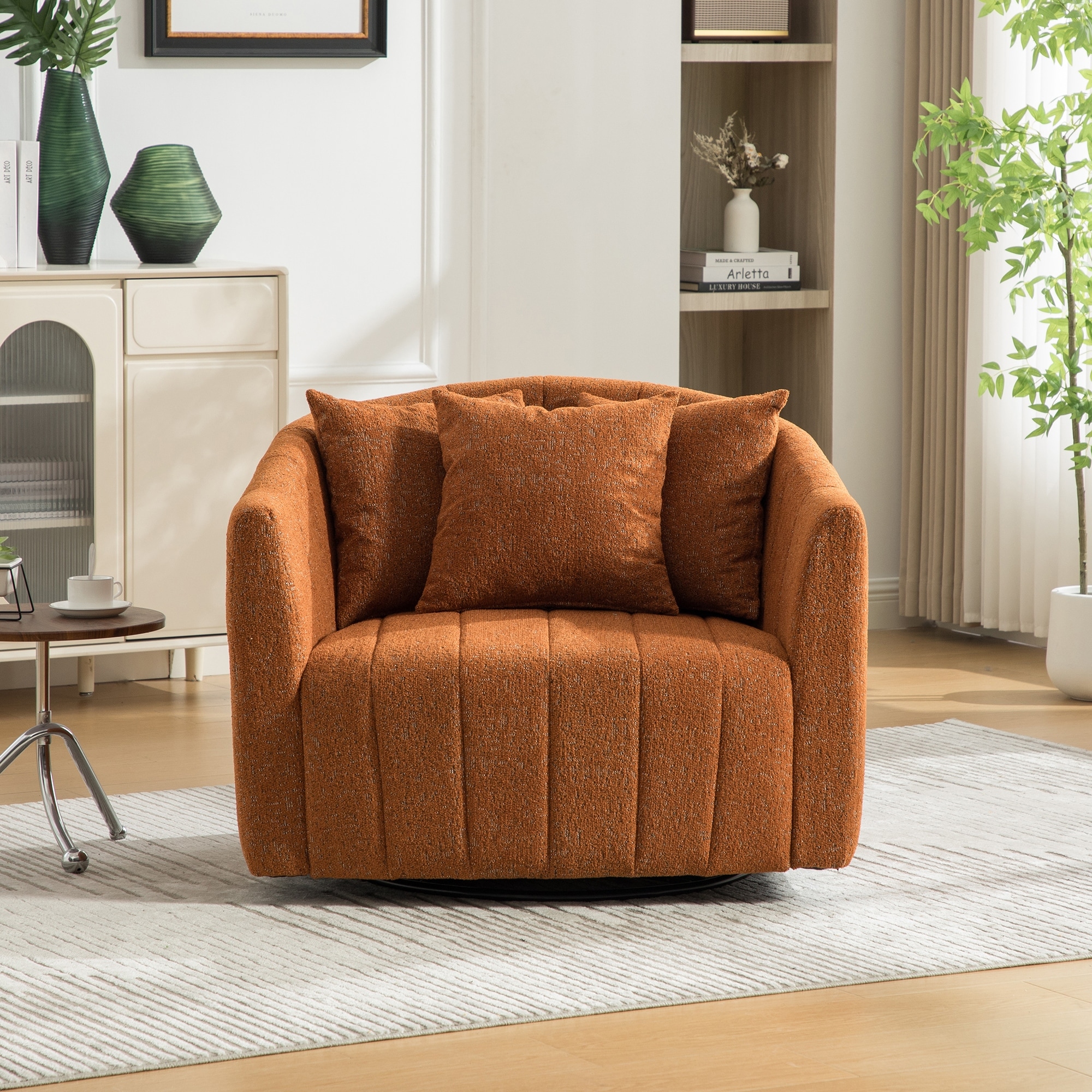Rustic Upholstered Barrel Chair Orange Accent Chair with 3 Pillows, Club Chair Side Chair Leisure Chair Armchair