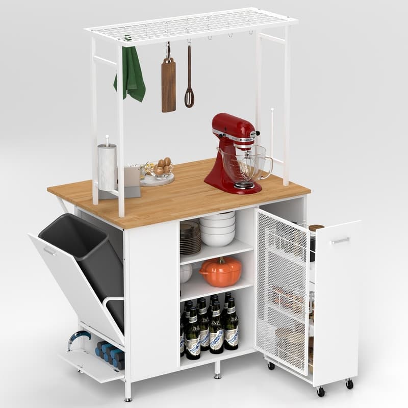 Kitchen Island with Folding Flip-Up Panel, Cabinet Shelves and Drawers, Hooks