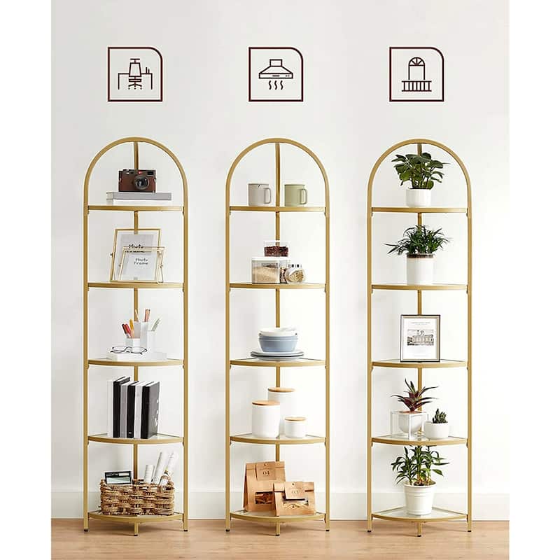Golden 5-Tier Glass Corner Storage Shelf with Steel Frame Living room Bedroom or Entryway - 11"D x 11"W x 37.4"H