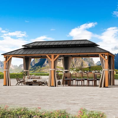 Permanent Hardtop Gazebo 12' x 24' with 4 LED Lights, Outdoor Gazebo w/Galvanized Steel Double Roof,Wood-Looking