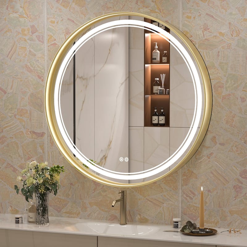KEONJINN Round LED Front Light Bathroom Vanity Wall Mirror 3 Colors, Anti-fog, Metal Frame