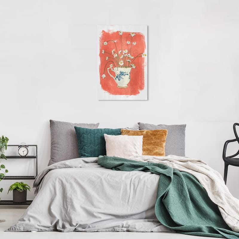 Wynwood Studio Canvas Floral and Botanical Small Porcelain Jar Orange and Rustic Wall Art Canvas Print - Orange, White - 24 x 16