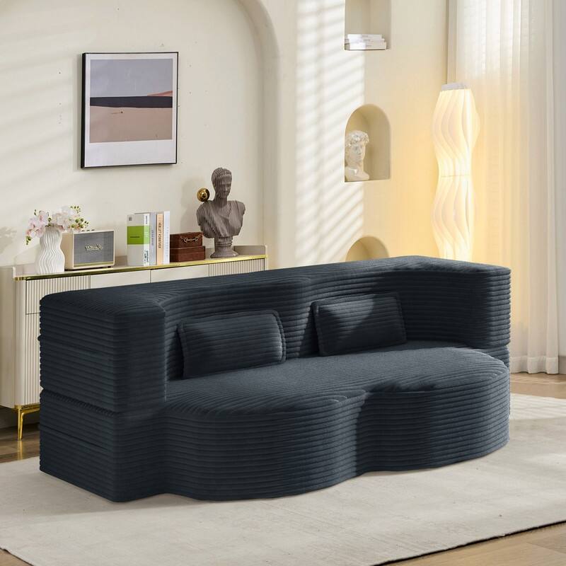 Modern 78.7" Floor Sofa With 2 Pillows For Small Pace Living Room, Convertible Sleeper Sofa Bed - Dark Grey Corduroy