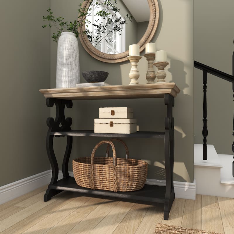 White Wood Scroll Side Frames 2 Shelf Console Table with Brown Wood Top - White or Black