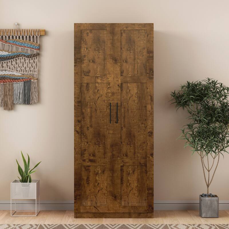 Wood High Wardrobe Cabinet with 4 Storage Spaces and 2 Doors