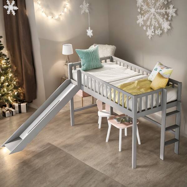 slide 2 of 12, Twin Low Loft Bed with Ladder & Slide Grey