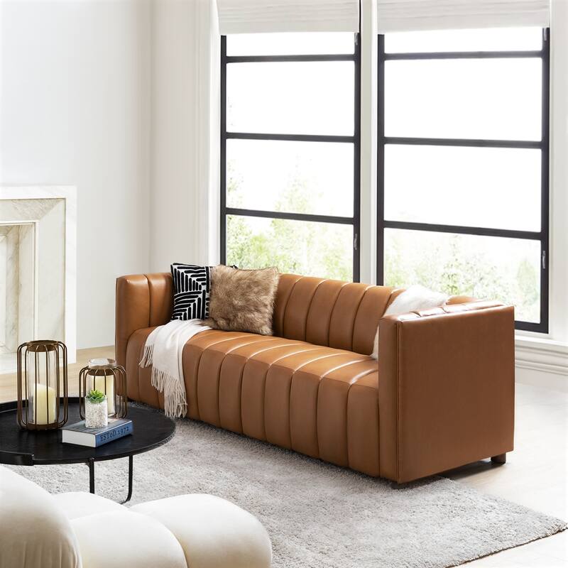 Olinto Modern 83-Inch Genuine Leather Curved Couch Sofa with Channel Back by HULALA HOME - CAMEL